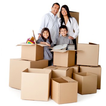 Boxes and household items being organized for transport