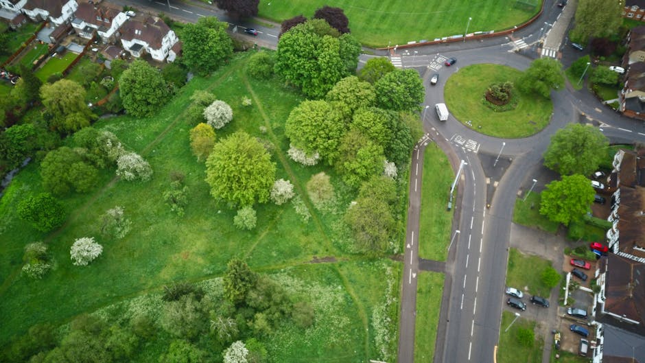 An aerial view of a residential area showing a large green park with a variety of trees, some with white blossoms, and footpaths intersecting through the grassy space. To the right, a roundabout with a small central island and surrounding roads connects to a street lined with houses, cars parked along the pavements, and street lighting. Part of a moving process may involve the visible pavement and road area near the park, with potential for loading or unloading, aligning with home relocation and furniture transport activities. The image illustrates the environment where Man with Van Brent Park provides removals and moving services, including parking and permit considerations for street access during house removals.