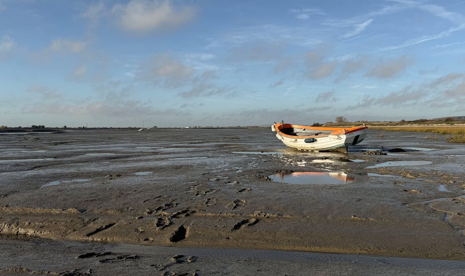 A small boat rests on a muddy, tidal riverbank during low tide, with a partially filled puddle reflecting the sky and part of the boat. The boat is positioned close to the right side of the image, facing towards the water, which is visible in the background along with distant shoreline and some trees. The muddy surface shows footprints and tire tracks, indicating recent movement or activity on the area. The sky above is partly cloudy with patches of blue, suggesting a calm day. Although not directly related to house removals, this scene highlights the importance of careful planning and logistical considerations in moving or transporting items across challenging environments, similar to navigating narrow or difficult staircases during home relocations. Man with Van Brent Park specializes in comprehensive removal services, including furniture transport and packing, ensuring safe and efficient moves even in tricky conditions.